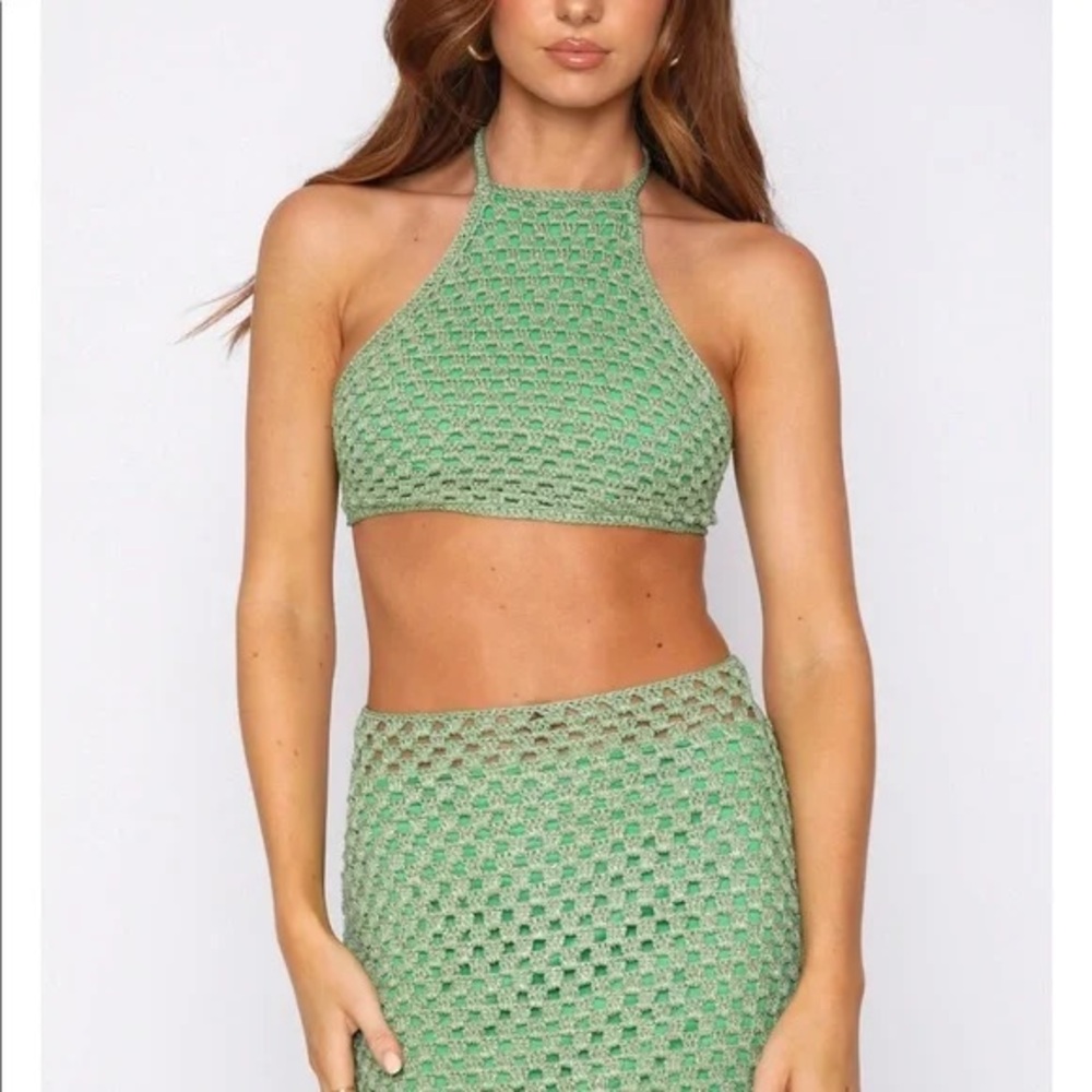 Crochet Knit Green Halter Top + Skirt Set
